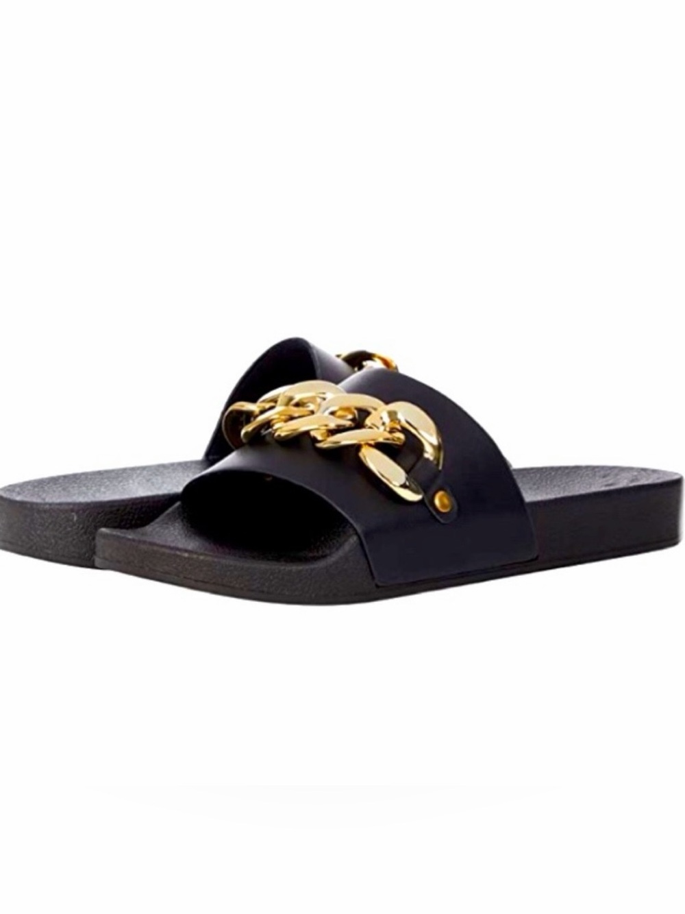 Madden Girl “Flynn” Slide Sandals with Gold Chain Detail